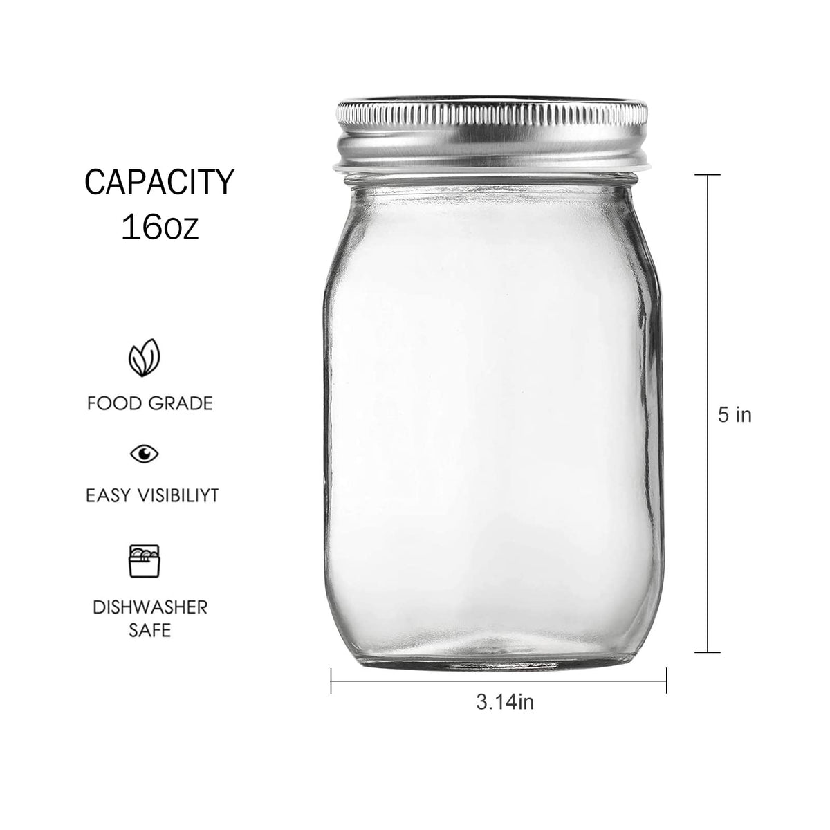 16oz Regular Mouth Glass Mason Jars with Airtight Lids, 4 Pack M174