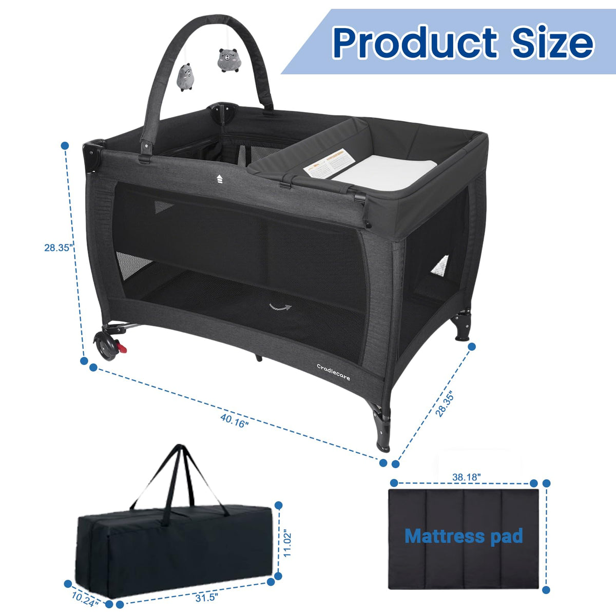 3-in-1 Pack and Play with Changing Table & Carry Bag, Black T35074