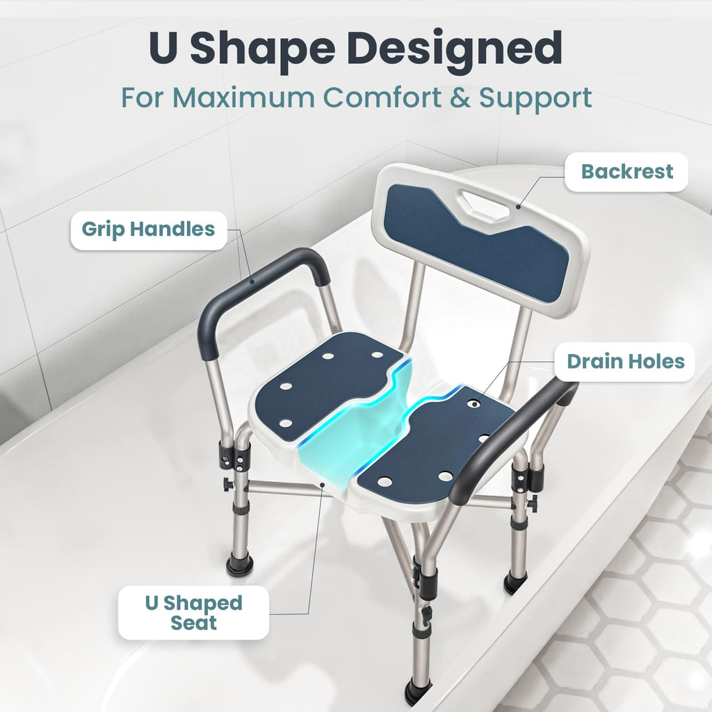 Blue Heavy Duty U-Shape Seat Shower Chair with Padded Armrests and Back A1371