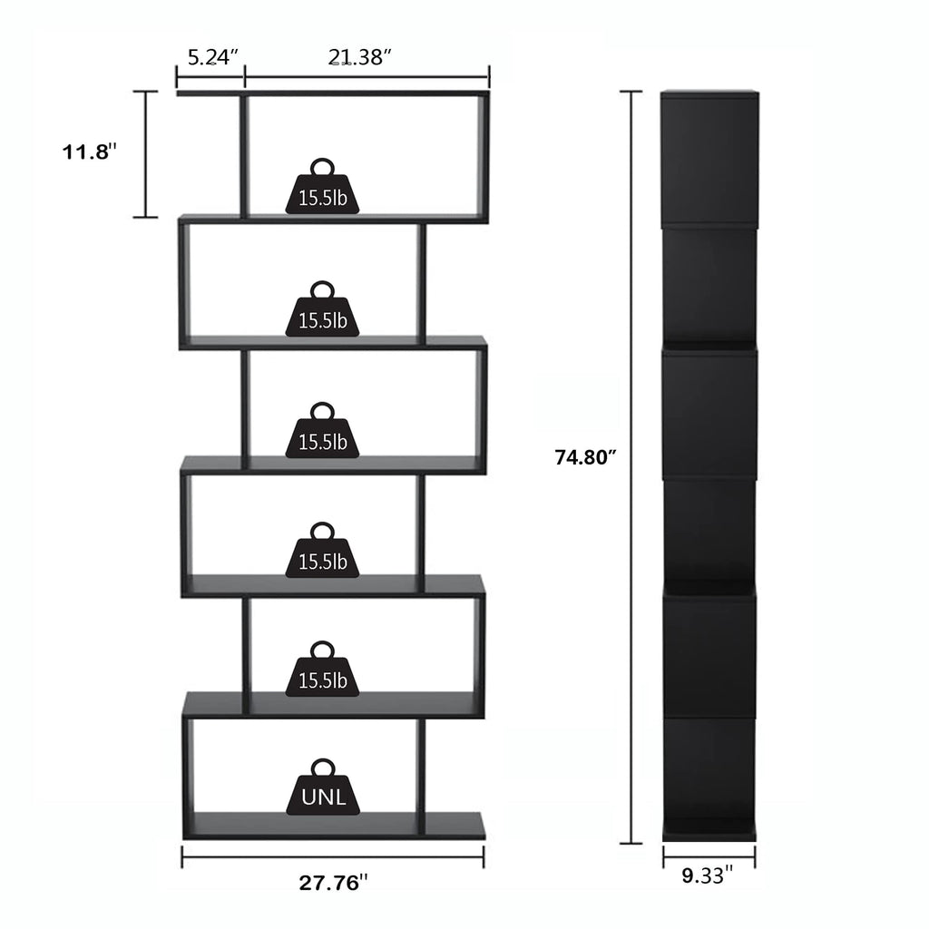 6-Tier Geometric S Shaped Wood Bookshelf V84453