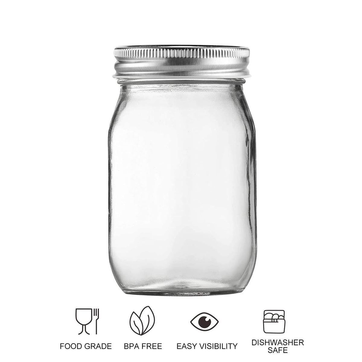 16oz Regular Mouth Glass Mason Jars with Airtight Lids, 4 Pack M174