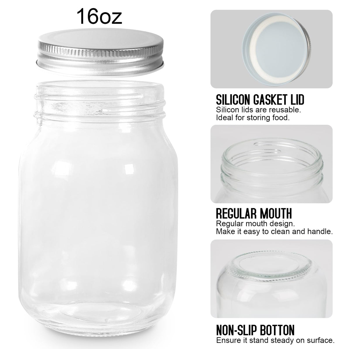 16oz Regular Mouth Glass Mason Jars with Airtight Lids, 4 Pack M174