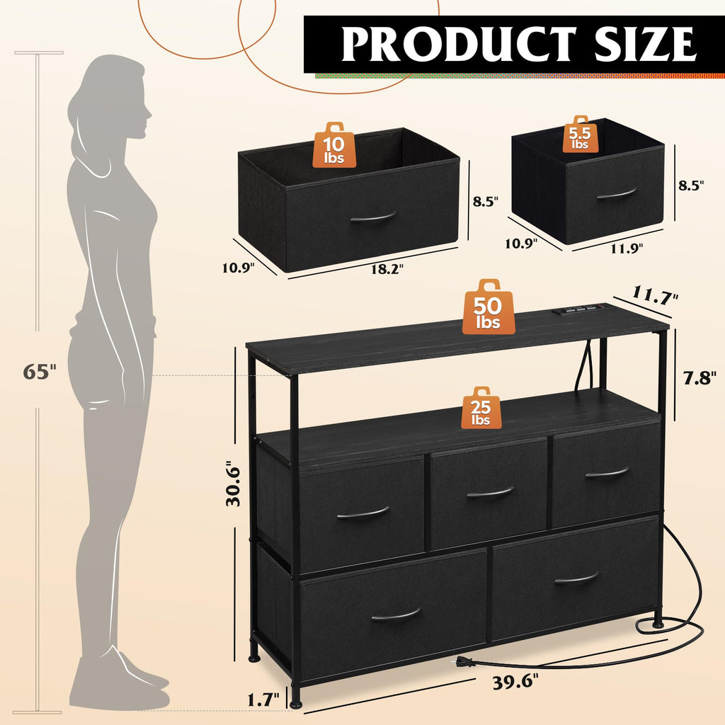Black 5 Drawer Fabric Dresser K695