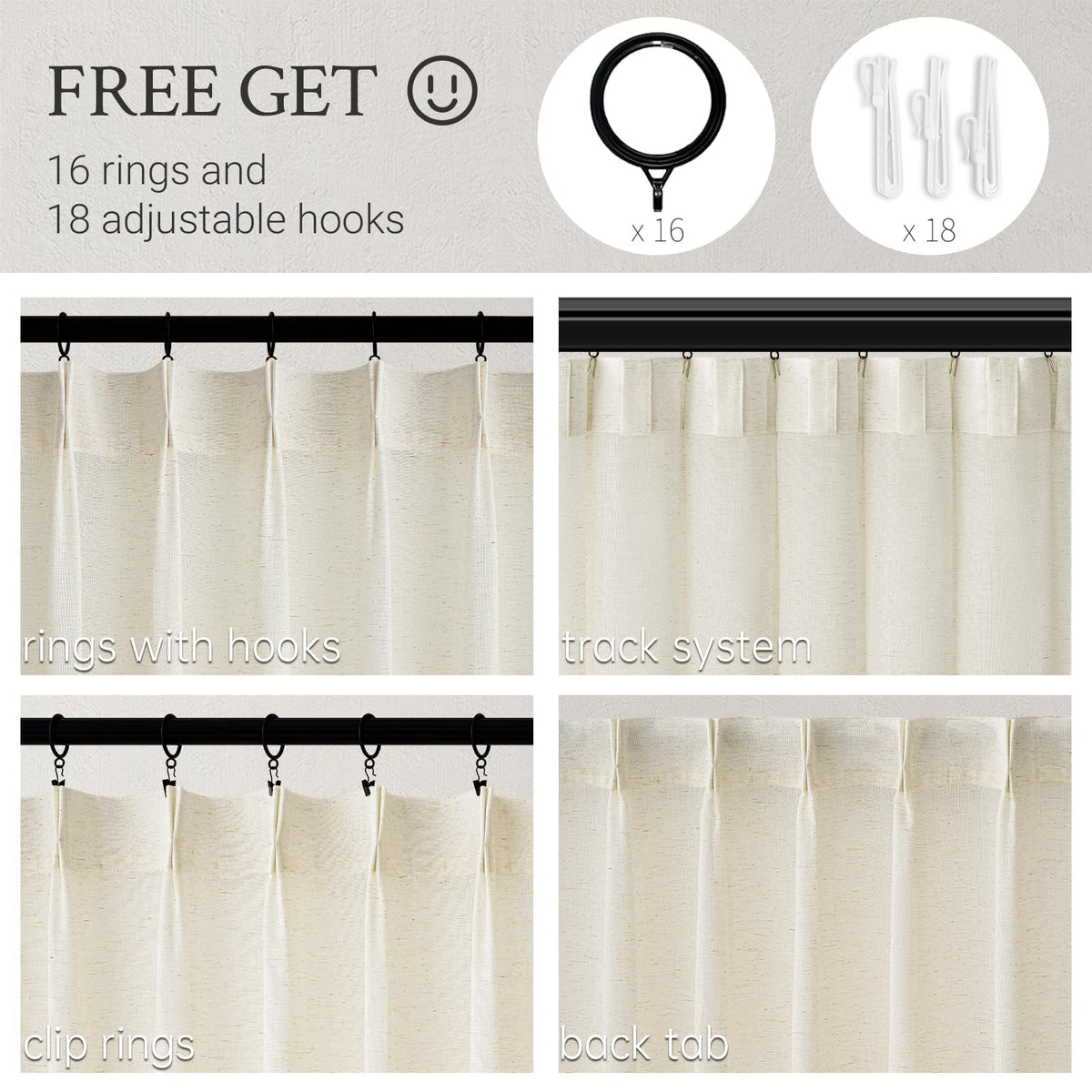132 Inch Pinch Pleated Linen Curtains 2 Panels Natural Semi Sheer P4098