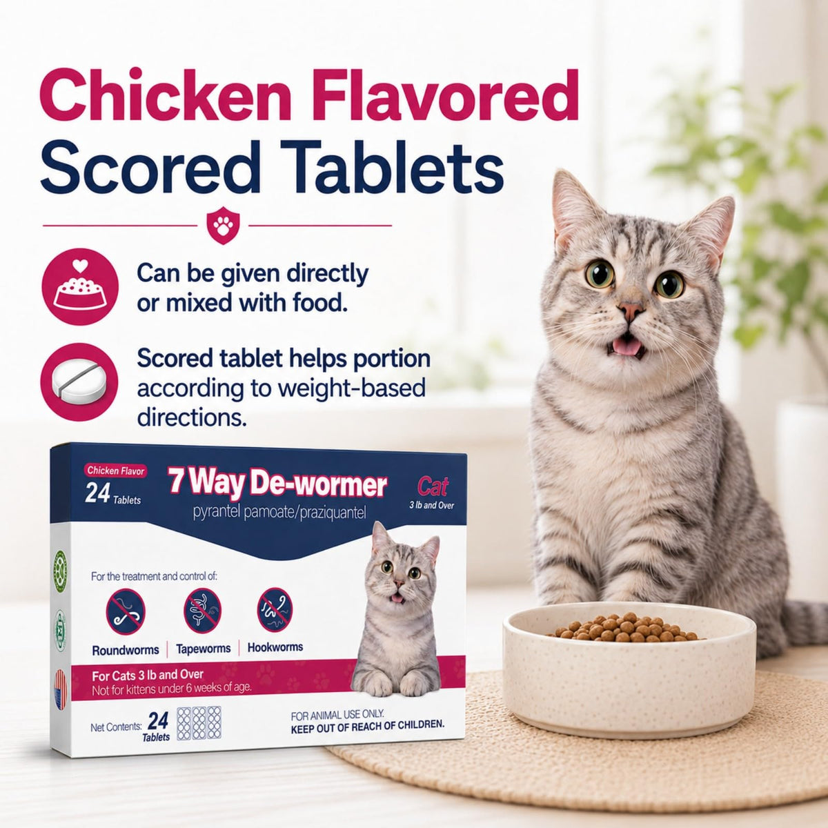 Chicken Flavored 7 Way De-Wormer Tablets for Cats Q520804
