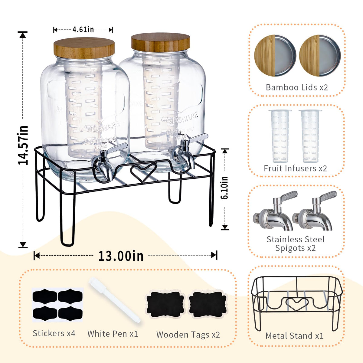 2 Pack 1 Gallon Glass Drink Dispenser with Stand and Fruit Infuser K917564