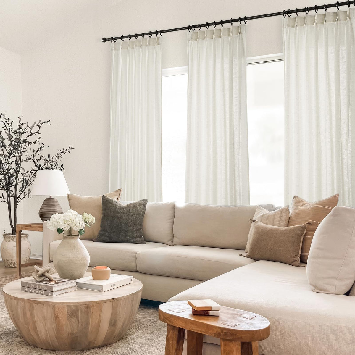 132 Inch Pinch Pleated Linen Curtains 2 Panels Natural Semi Sheer P4098