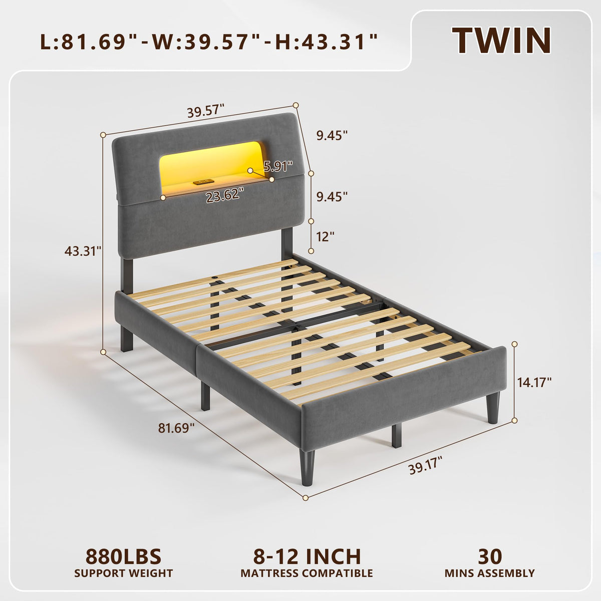 Twin Upholstered Bed Frame with Storage Headboard H92969