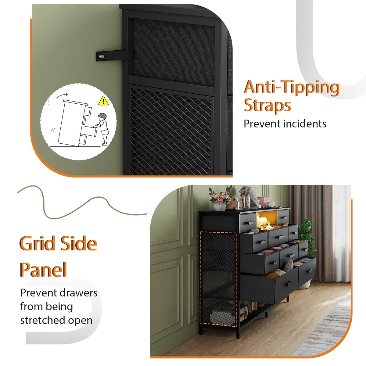 Black 10 Drawer Dresser with Charging Station and LED Light N849023
