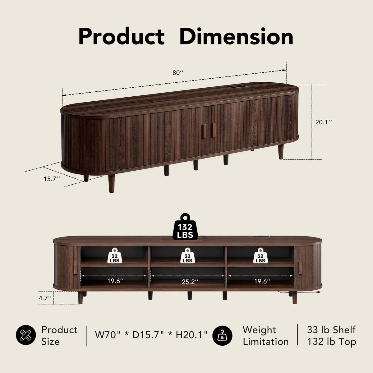 80" TV Stand with Sliding Doors and Power Outlet D6507