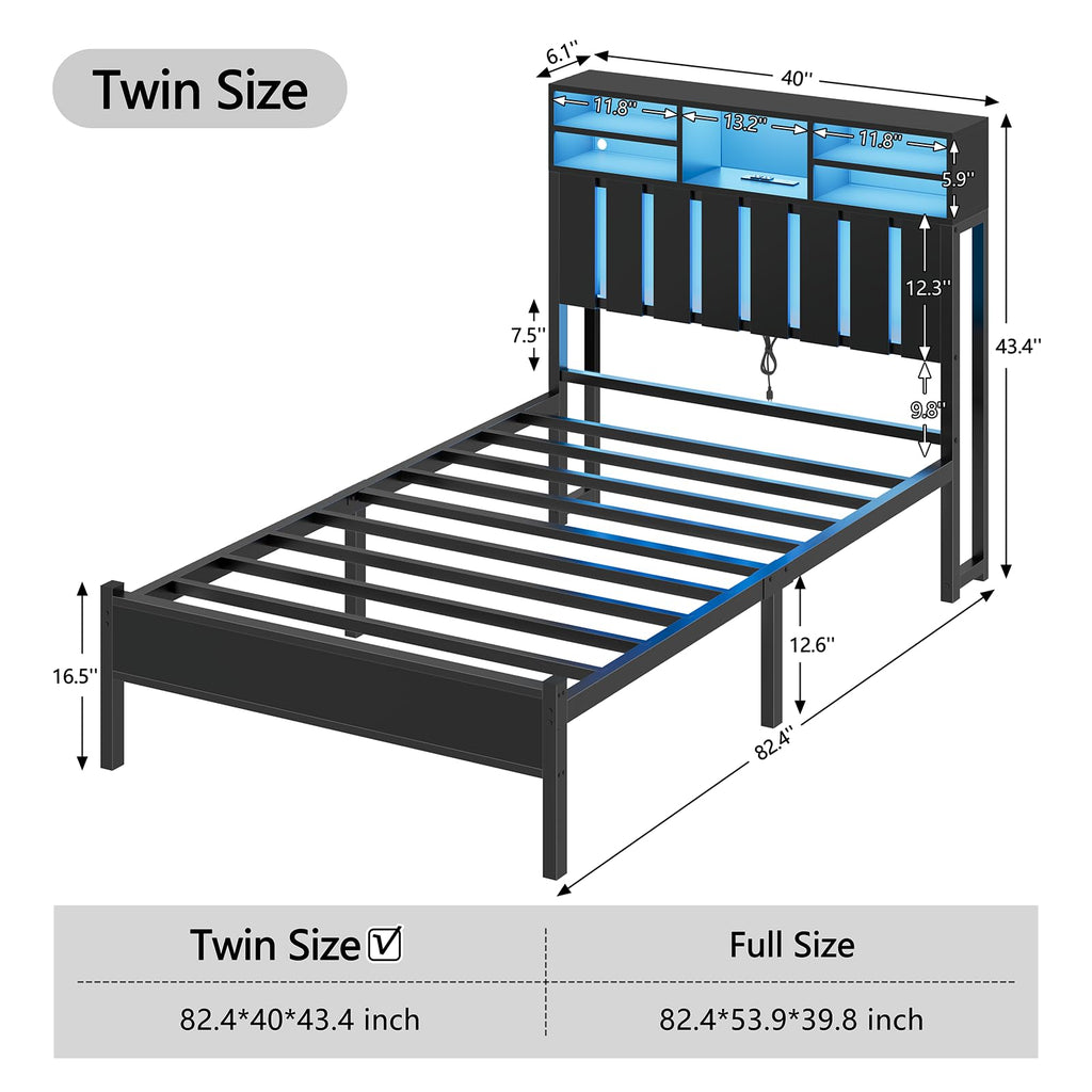 Twin Size Bed Frame with Storage Headboard and LED Lights M610
