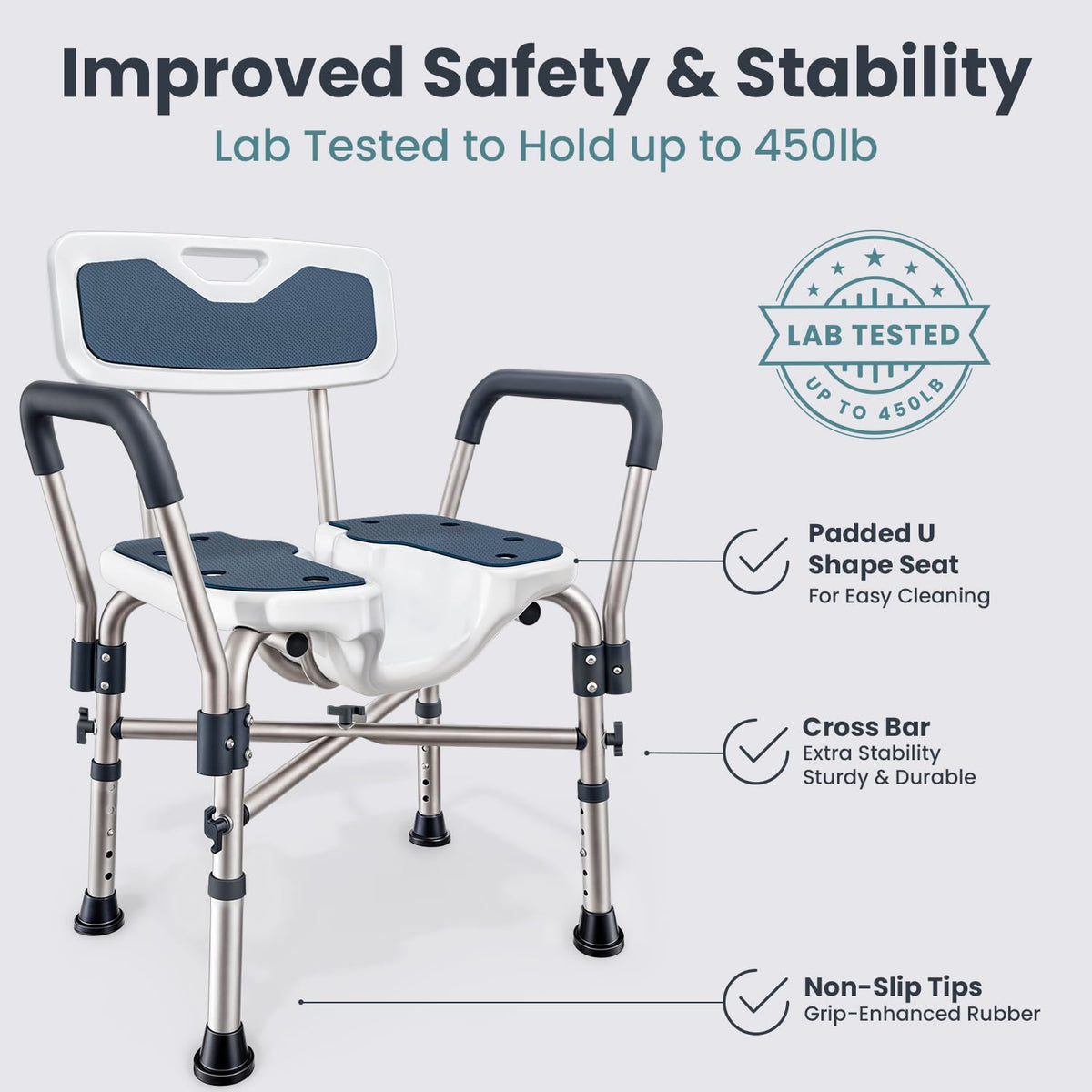 Blue Heavy Duty U-Shape Seat Shower Chair with Padded Armrests and Back A1371