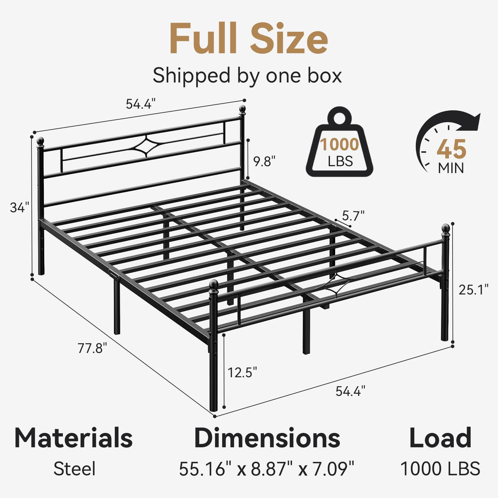 Full Size Black Metal Bed Frame with Headboard and Footboard W7671