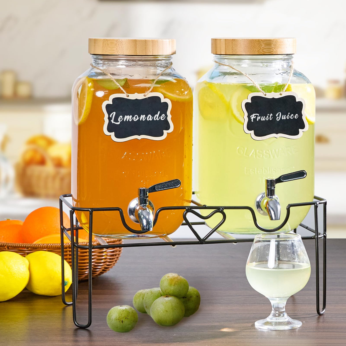 2 Pack 1 Gallon Glass Drink Dispenser with Stand and Fruit Infuser K917564