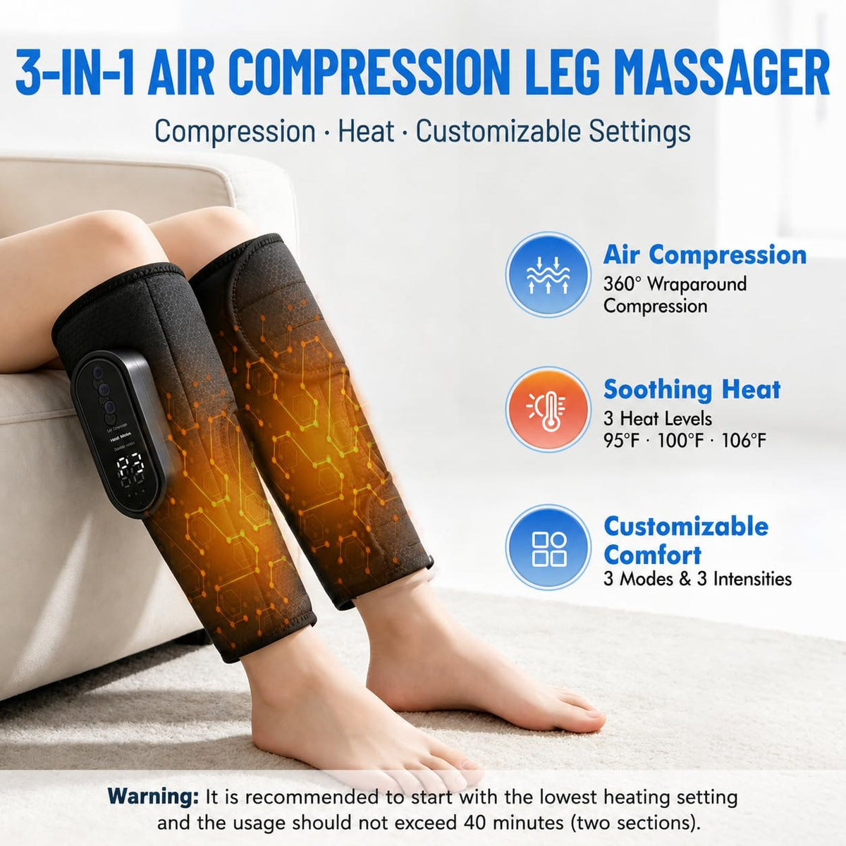 Cordless Air Compression Leg Massager with Heat, 2 Pack (Black) L91832