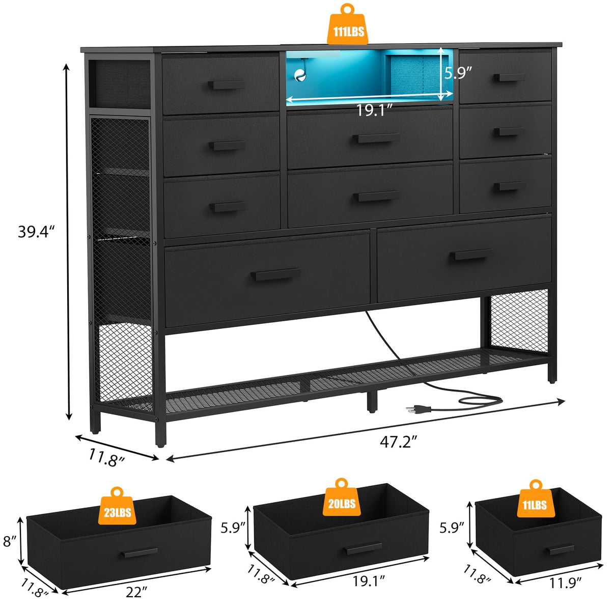 Black 10 Drawer Dresser with Charging Station and LED Light N849023