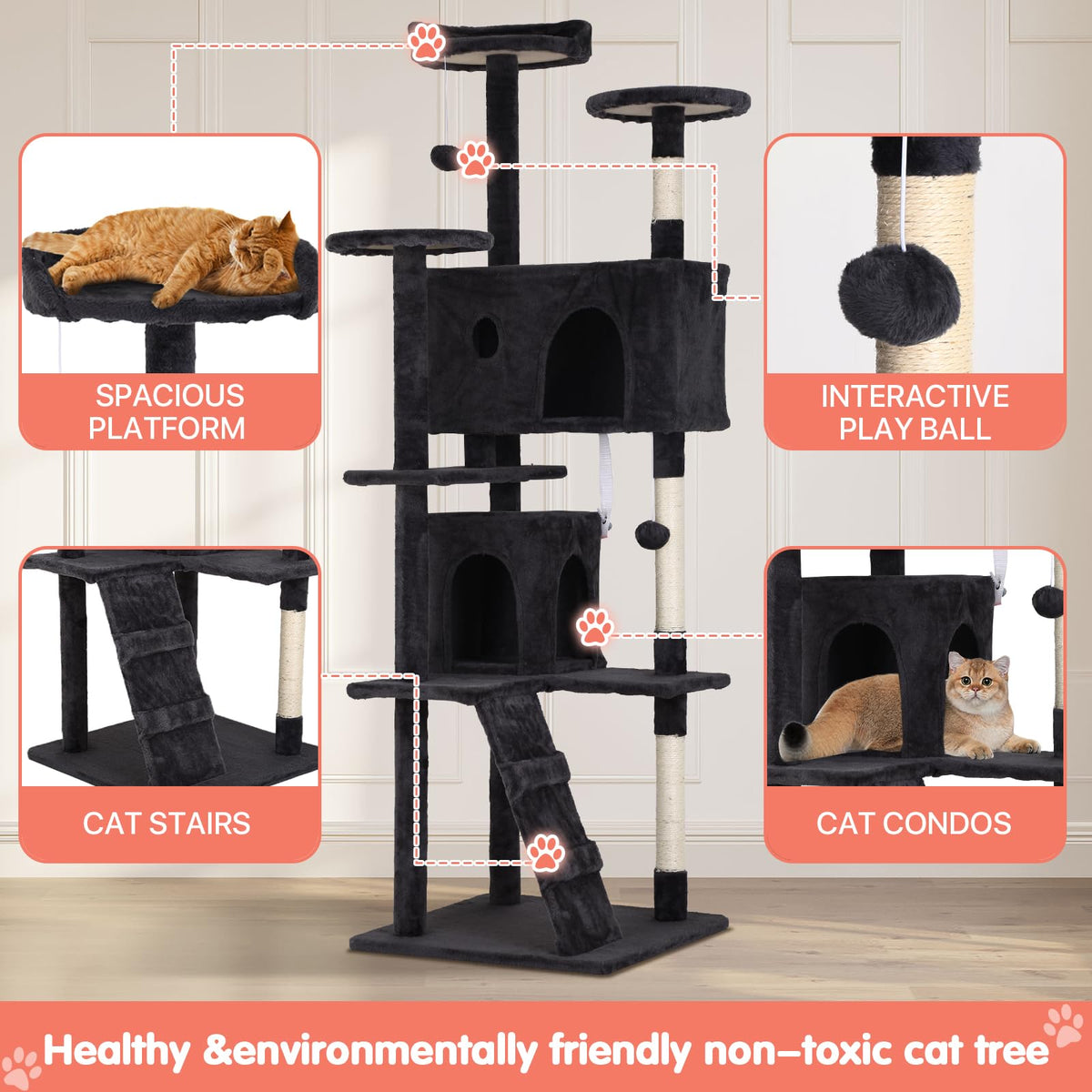 Dark Grey Multi-Level Cat Tree with Scratching Post K574