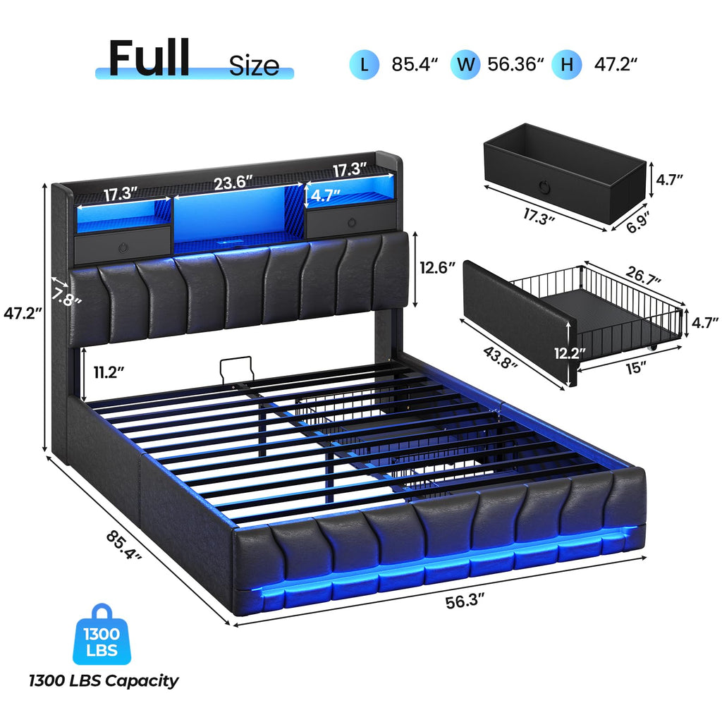 Full Bed Frame with Storage Headboard and 2 Drawers, RGB Lights, Black N5271