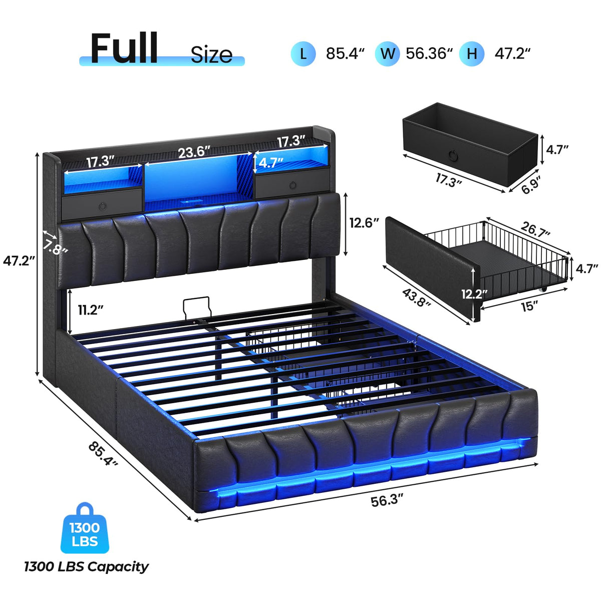 Full Bed Frame with Storage Headboard and 2 Drawers, RGB Lights, Black N5271