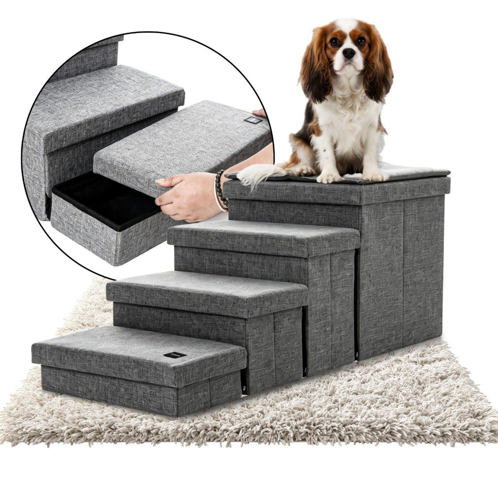 Foldable Grey 4 Steps Dog Stairs with Cushion W1094