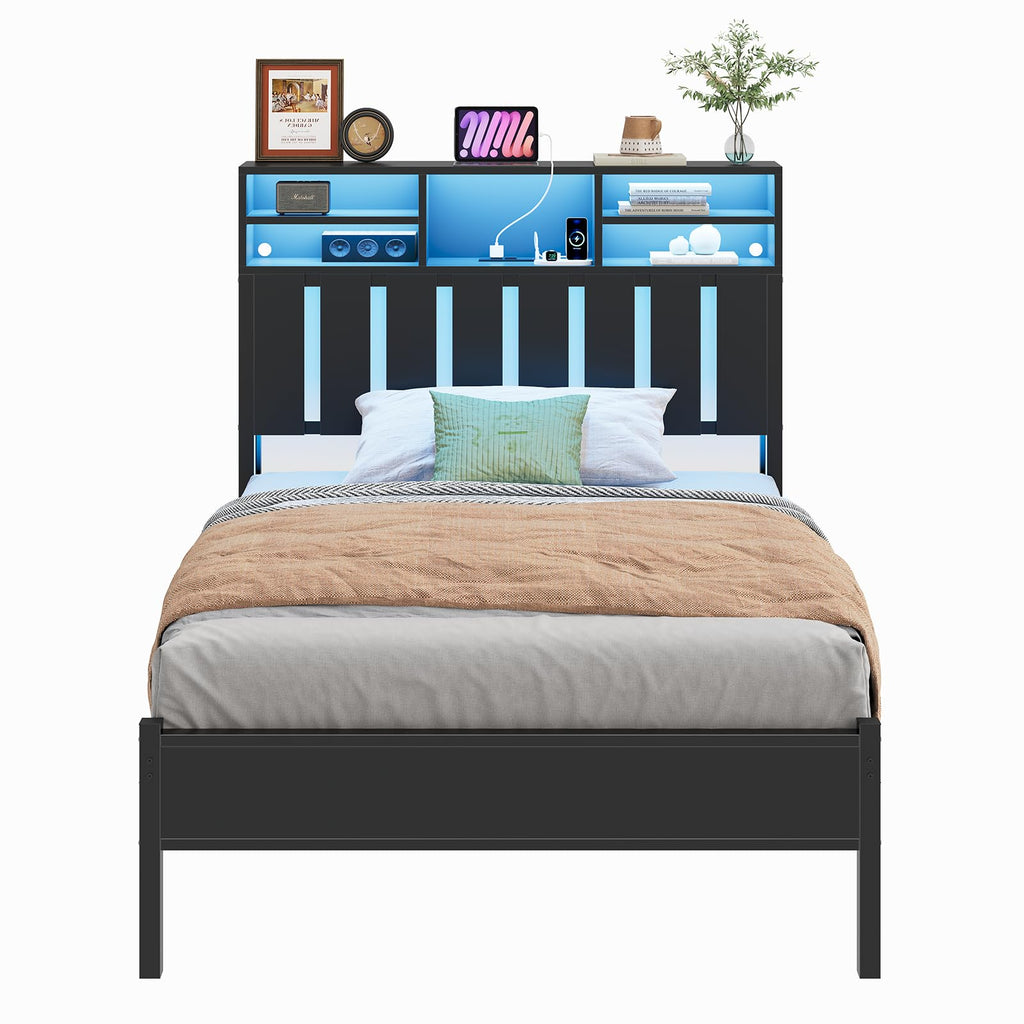 Twin Size Bed Frame with Storage Headboard and LED Lights M610