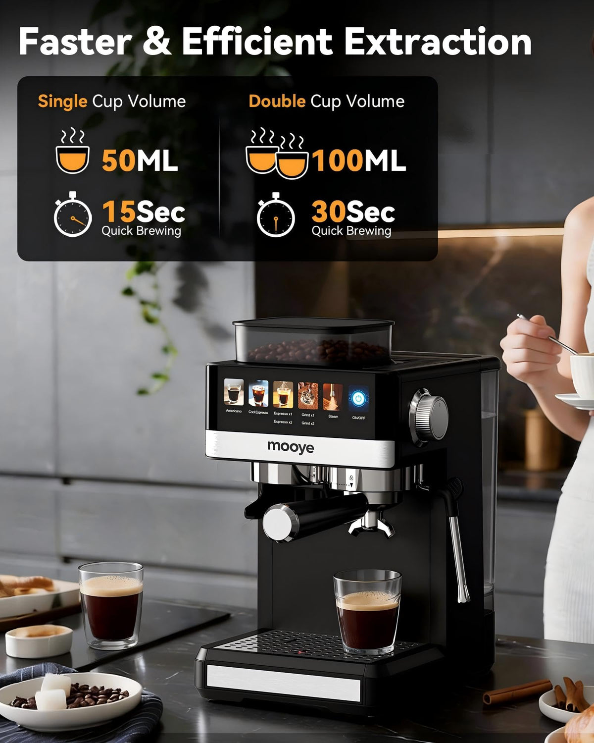 20Bar Compact Espresso Machine with Grinder and Steam Milk Frother K9265