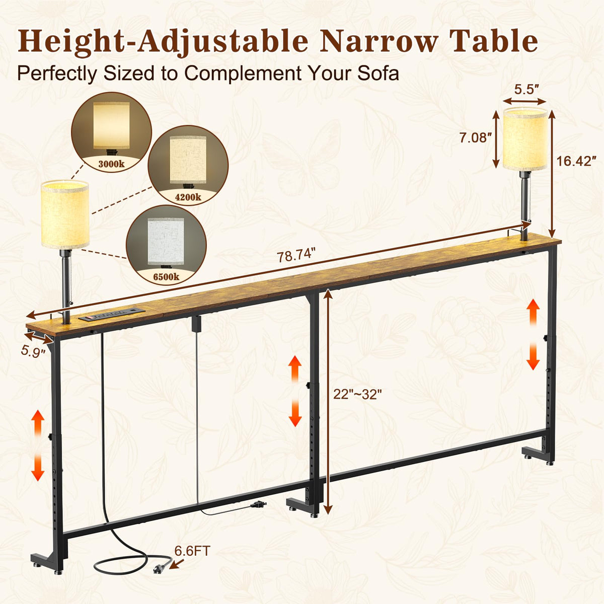 78.8" Long Sofa Table with Lights & Charging Station E740