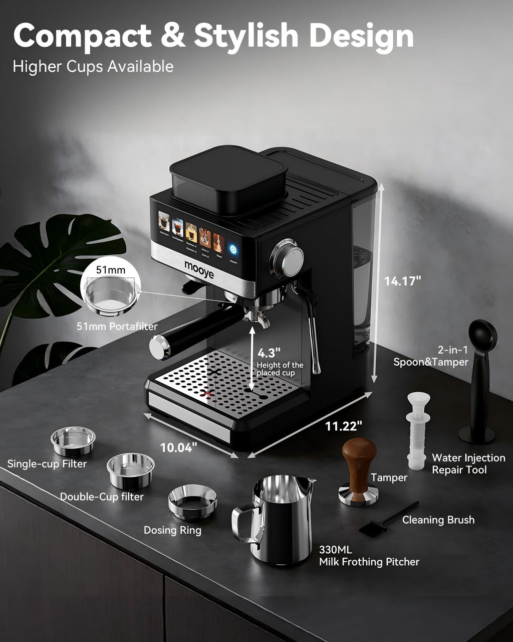20Bar Compact Espresso Machine with Grinder and Steam Milk Frother K9265
