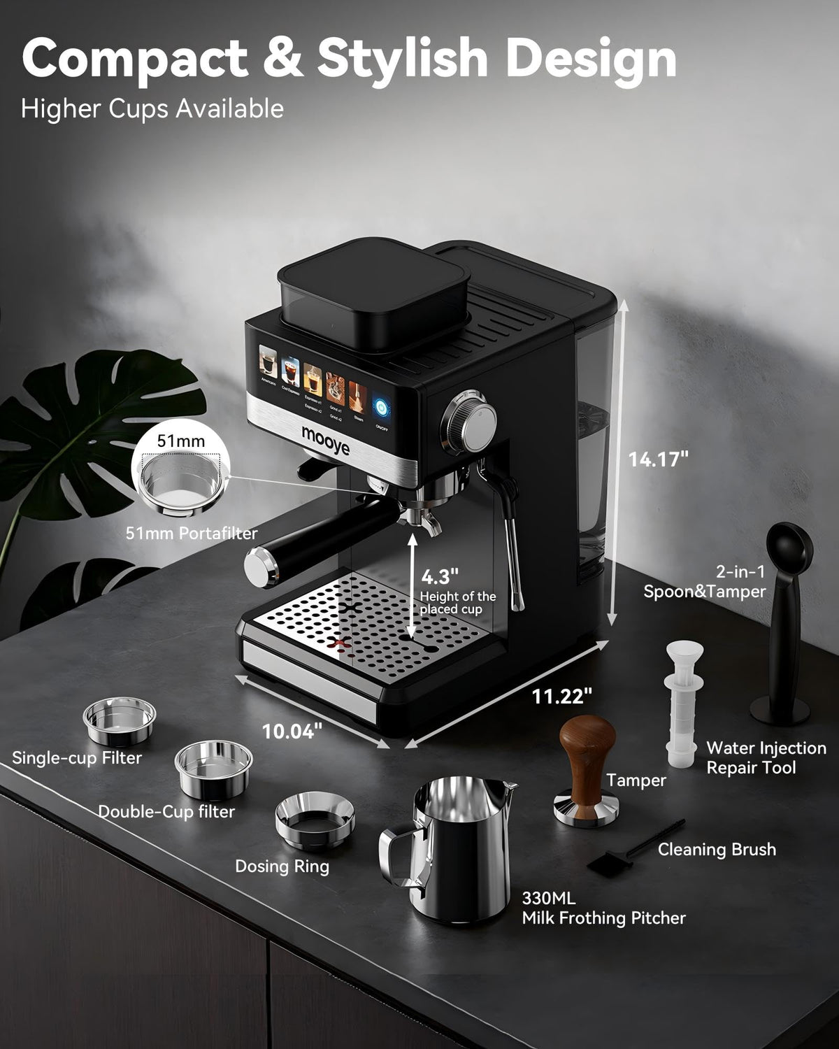 20Bar Compact Espresso Machine with Grinder and Steam Milk Frother K9265