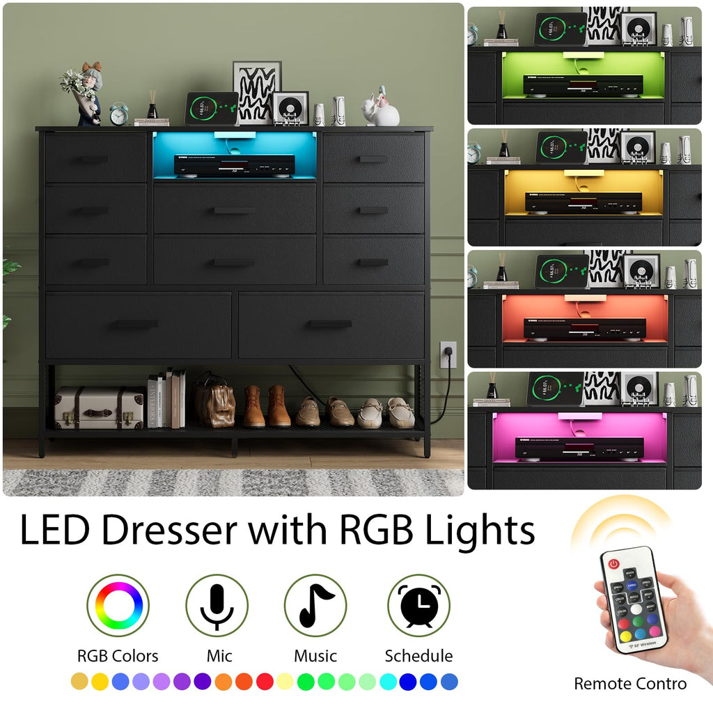 Black 10 Drawer Dresser with Charging Station and LED Light N849023