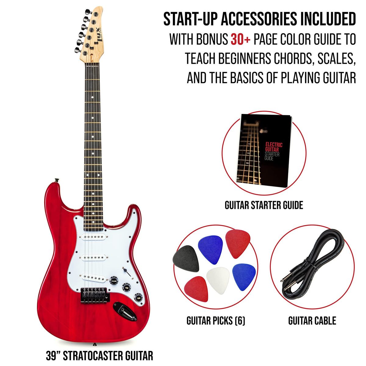 39” Electric Guitar Kit with Amp Cable, 6 Picks, Solid Wood Body, Red Z446
