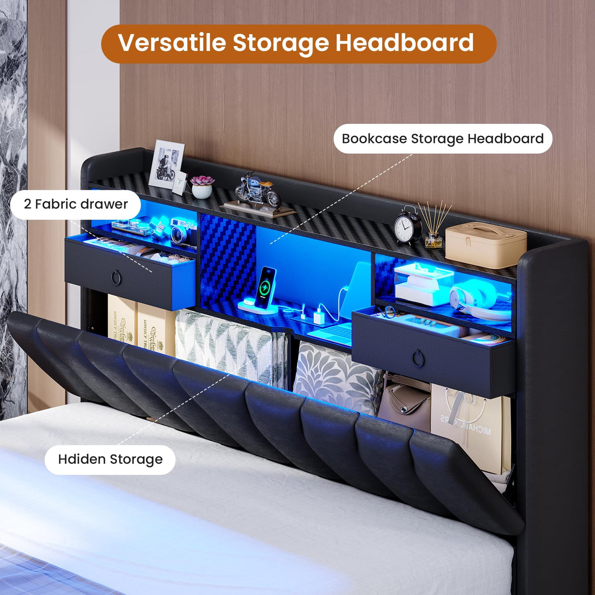 Full Bed Frame with Storage Headboard and 2 Drawers, RGB Lights, Black N5271