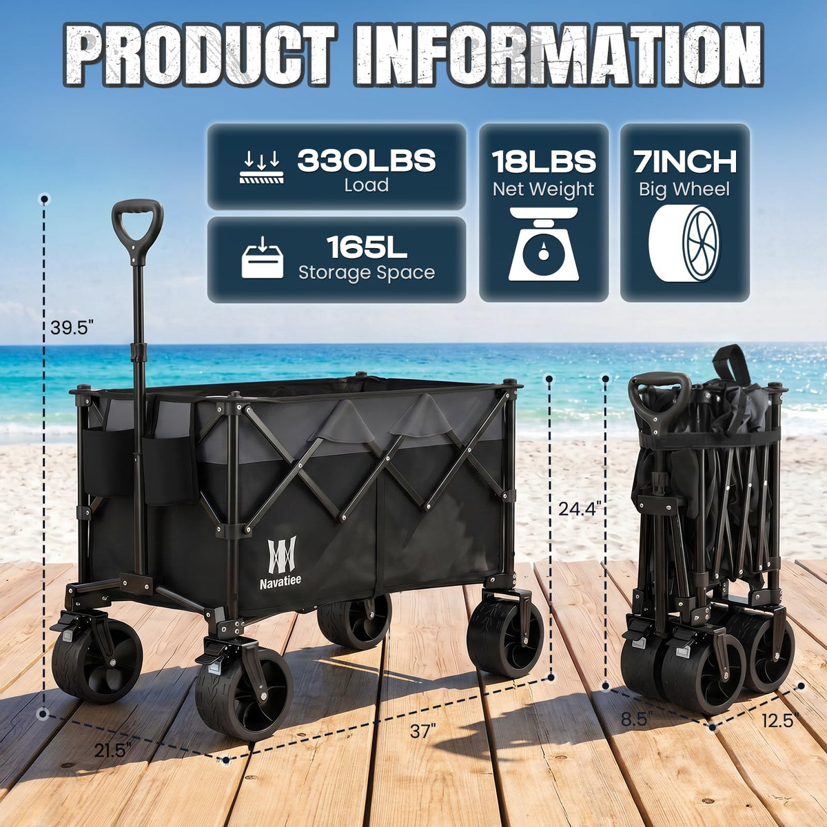 Collapsible Folding Wagon Cart with Big Wheels, Black R3113