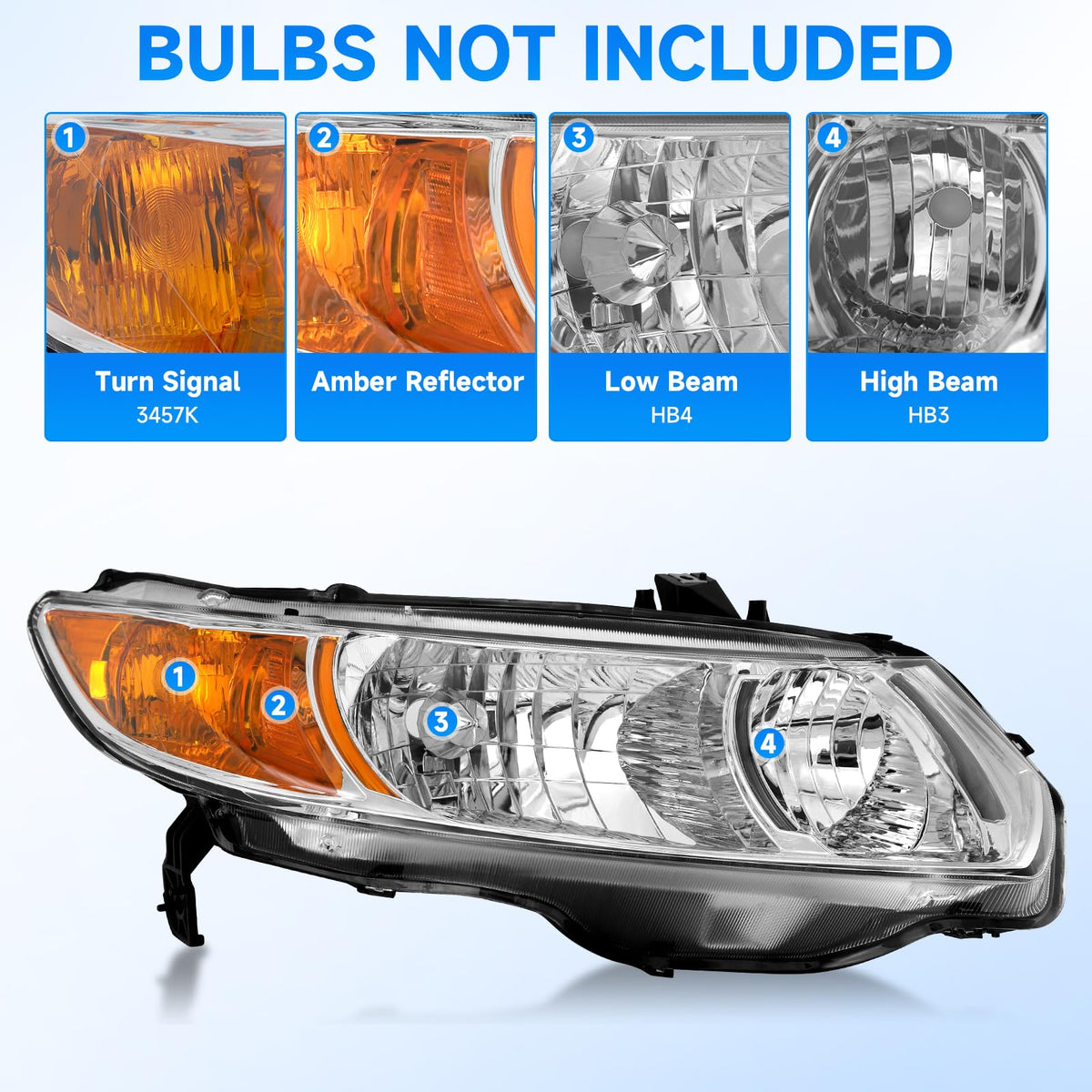 Headlight Assembly for 2006-2011 Honda Civic 2-Door Chrome Housing Amber Reflector E55336