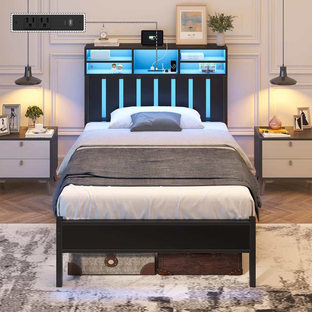 Twin Size Bed Frame with Storage Headboard and LED Lights M610