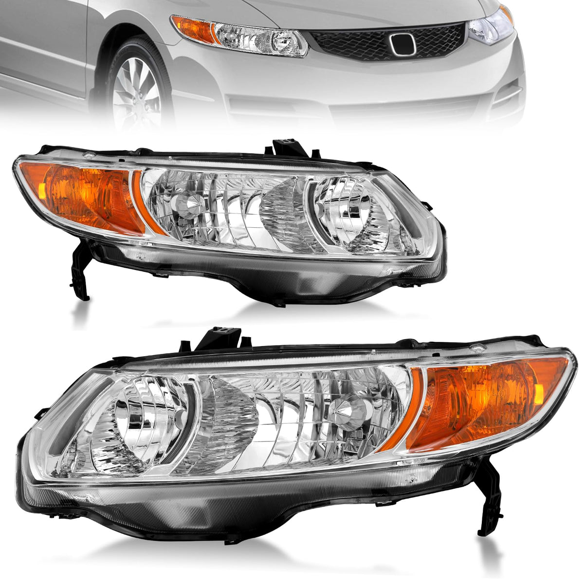 Headlight Assembly for 2006-2011 Honda Civic 2-Door Chrome Housing Amber Reflector E55336