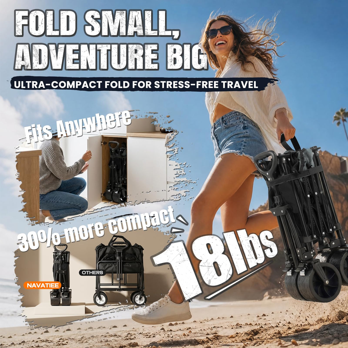 Collapsible Folding Wagon Cart with Big Wheels, Black R3113