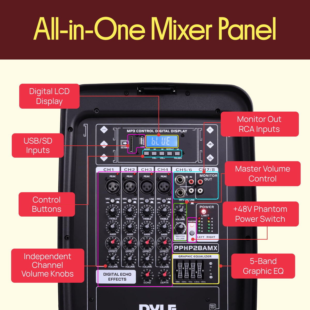300 W Portable Wireless Bluetooth PA Speaker DJ Mixer Bundle D21801