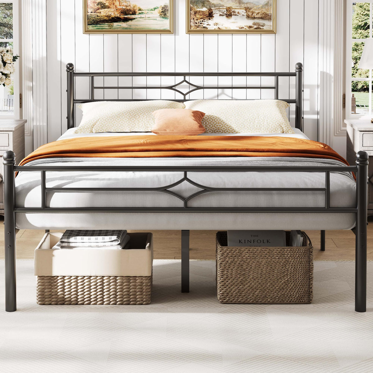 Full Size Black Metal Bed Frame with Headboard and Footboard W7671