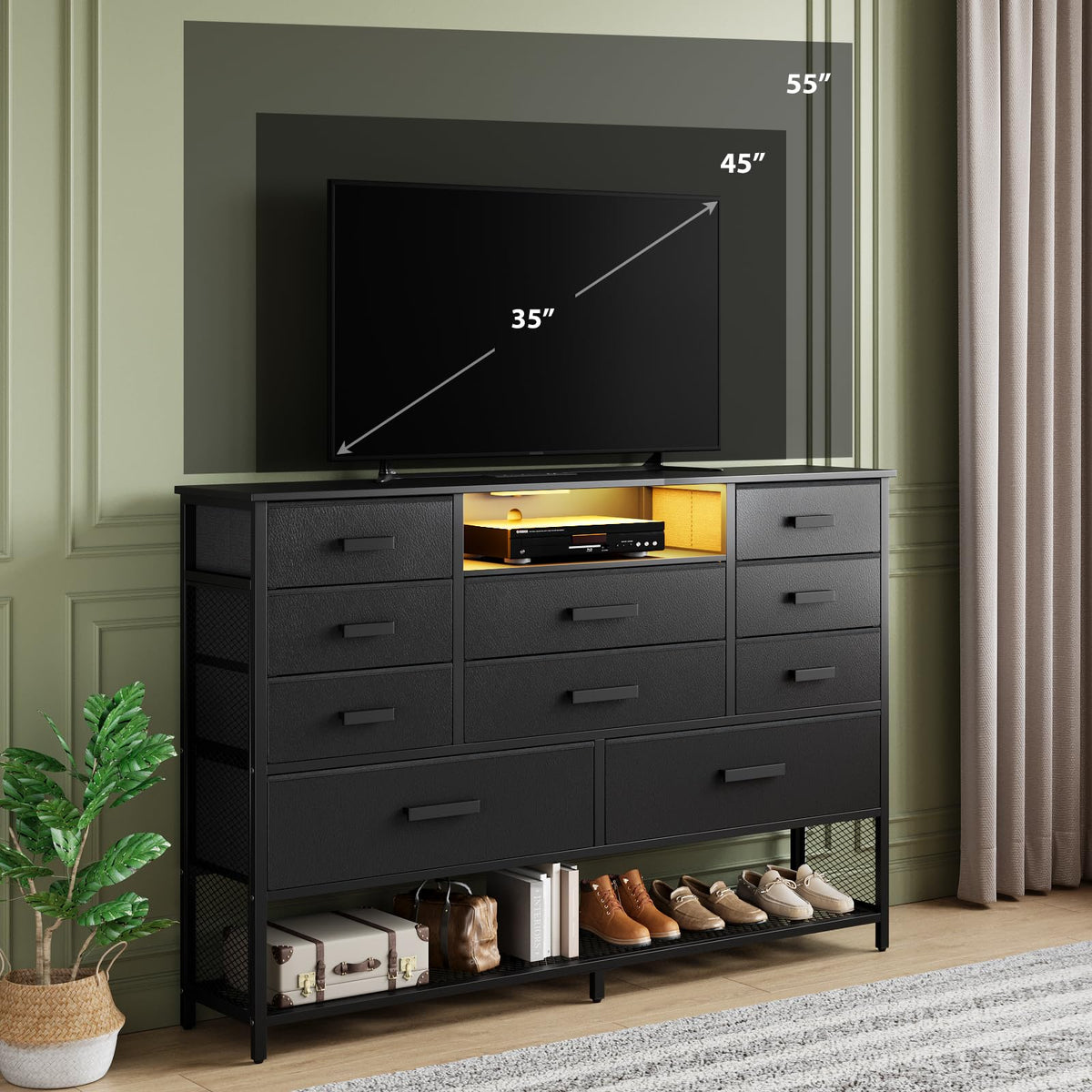 Black 10 Drawer Dresser with Charging Station and LED Light N849023