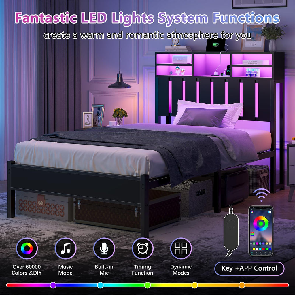 Twin Size Bed Frame with Storage Headboard and LED Lights M610
