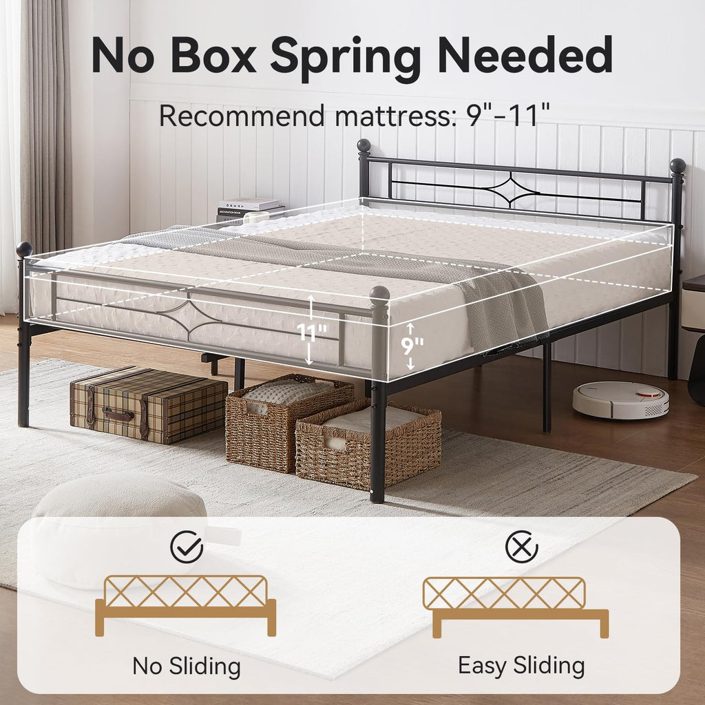 Full Size Black Metal Bed Frame with Headboard and Footboard W7671