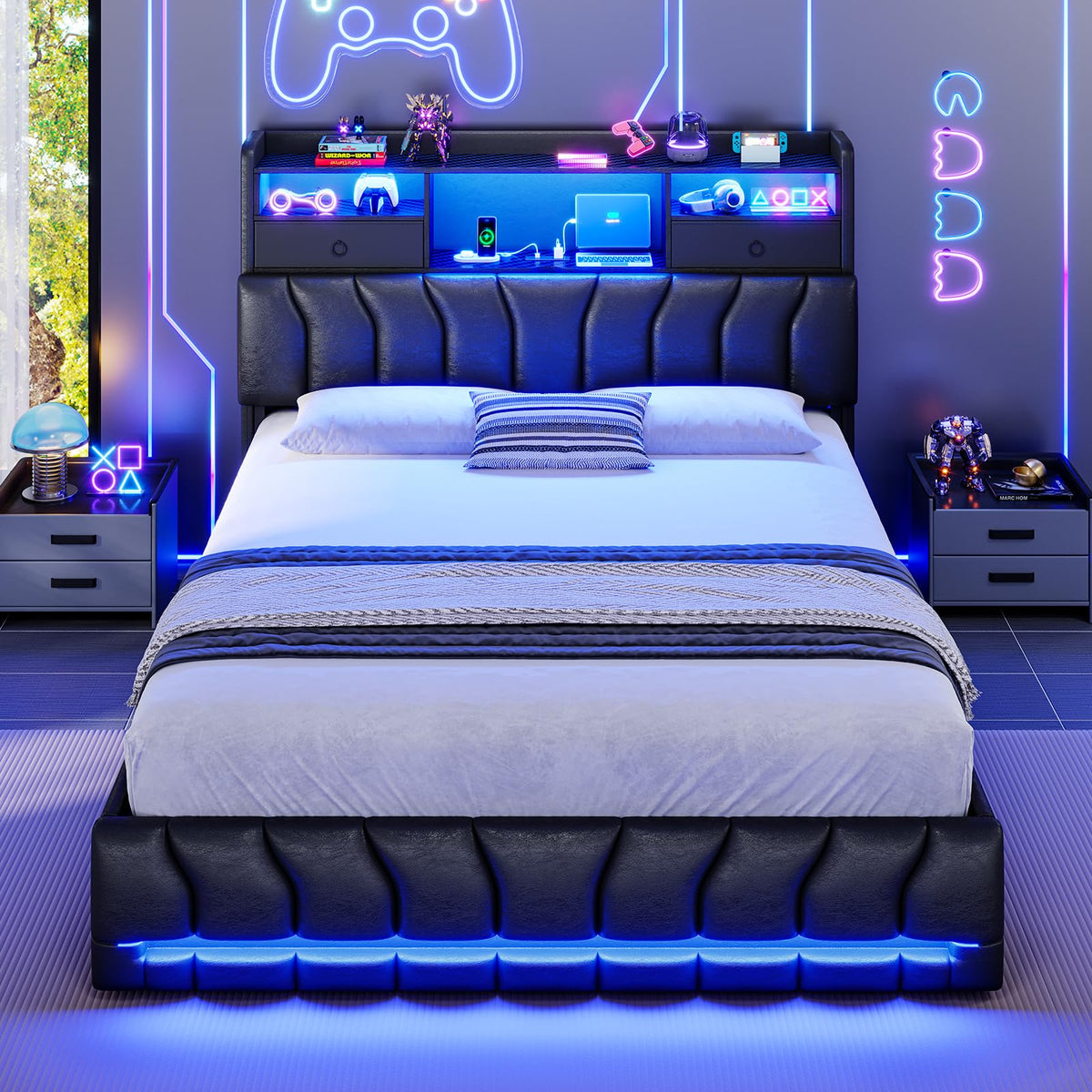 Full Bed Frame with Storage Headboard and 2 Drawers, RGB Lights, Black N5271
