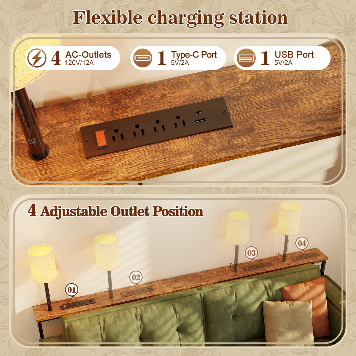 78.8" Long Sofa Table with Lights & Charging Station E740