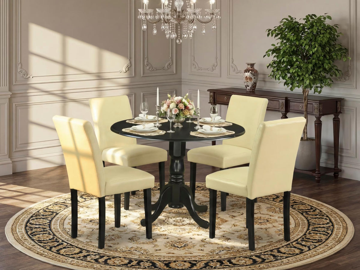 5 Piece Round Dining Table Set with Dropleaf and 4 Faux Leather Chairs Q953