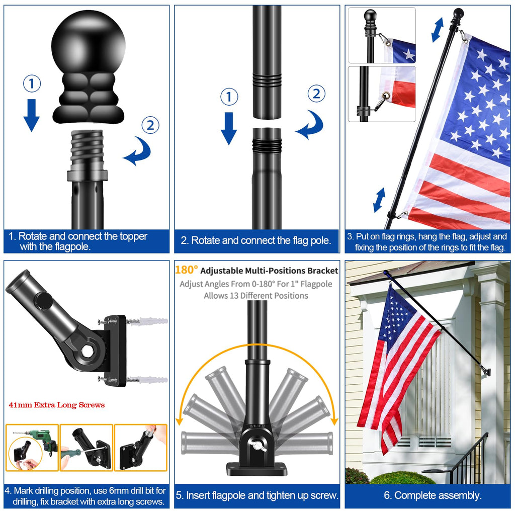 Black 7 FT Stainless Steel Flagpole Kit S3328