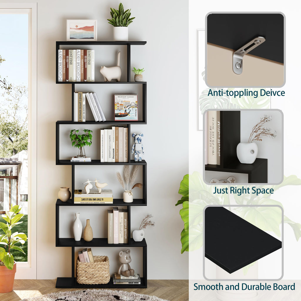 6-Tier Geometric S Shaped Wood Bookshelf V84453
