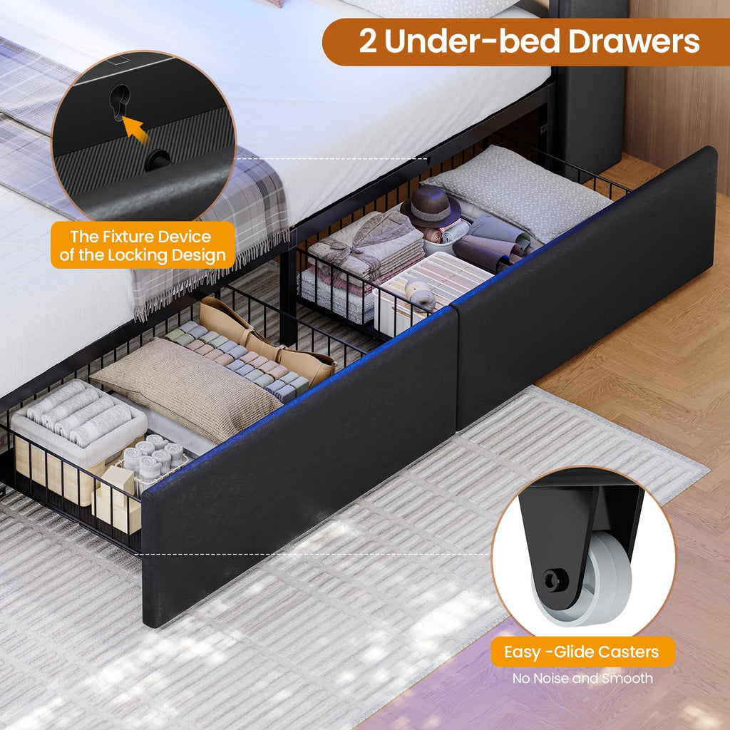Full Bed Frame with Storage Headboard and 2 Drawers, RGB Lights, Black N5271