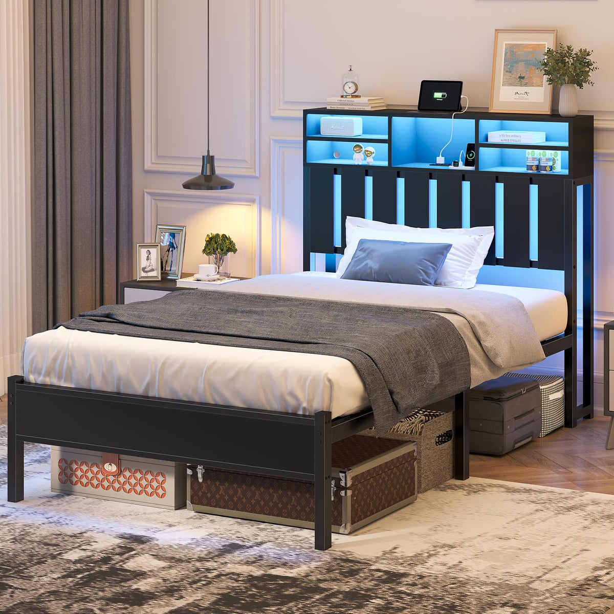 Twin Size Bed Frame with Storage Headboard and LED Lights M610