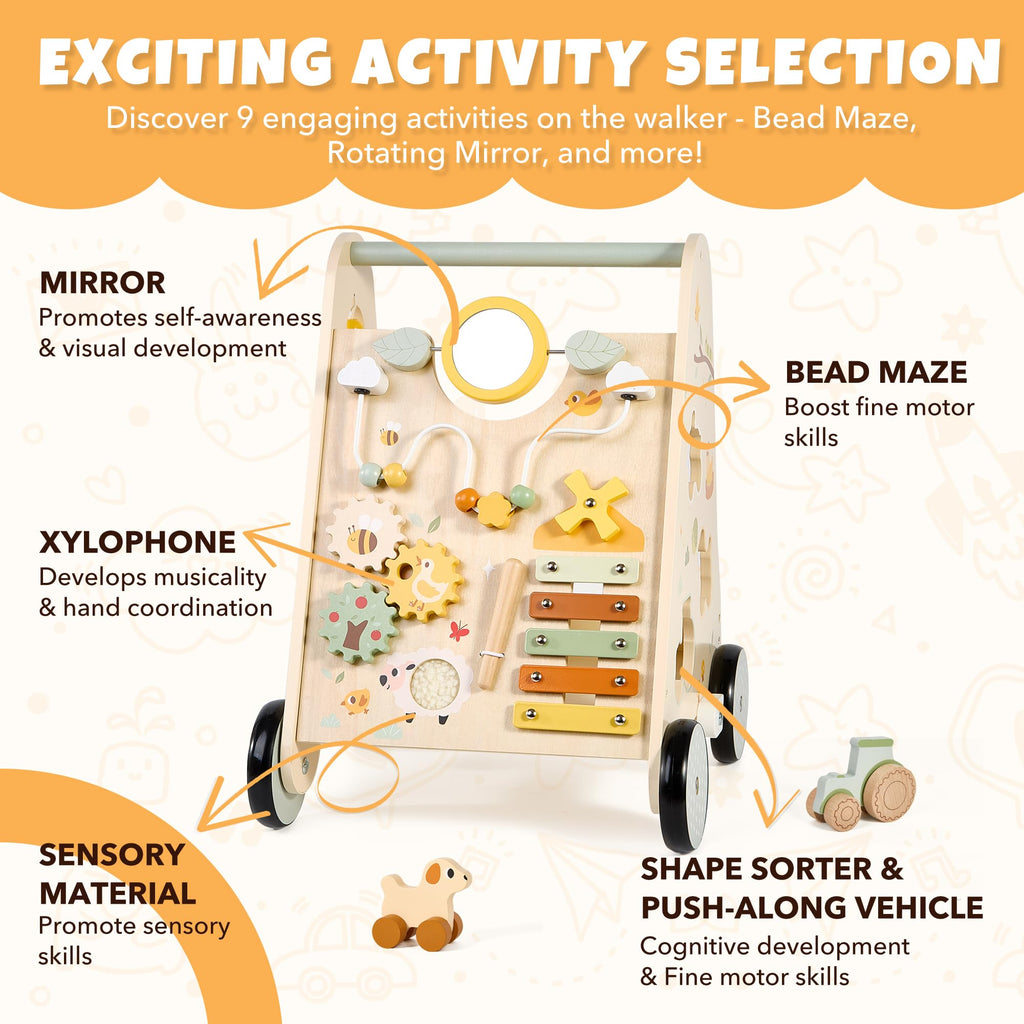 Wooden Baby Push Walker with Activity Center E960